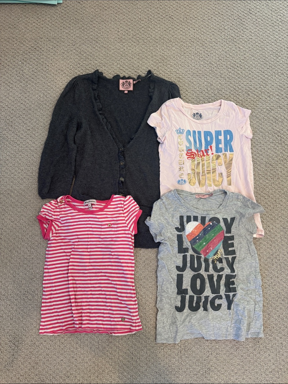 Juicy Couture Bundle Gray Cardigan, Pink, Gray & Striped Tees